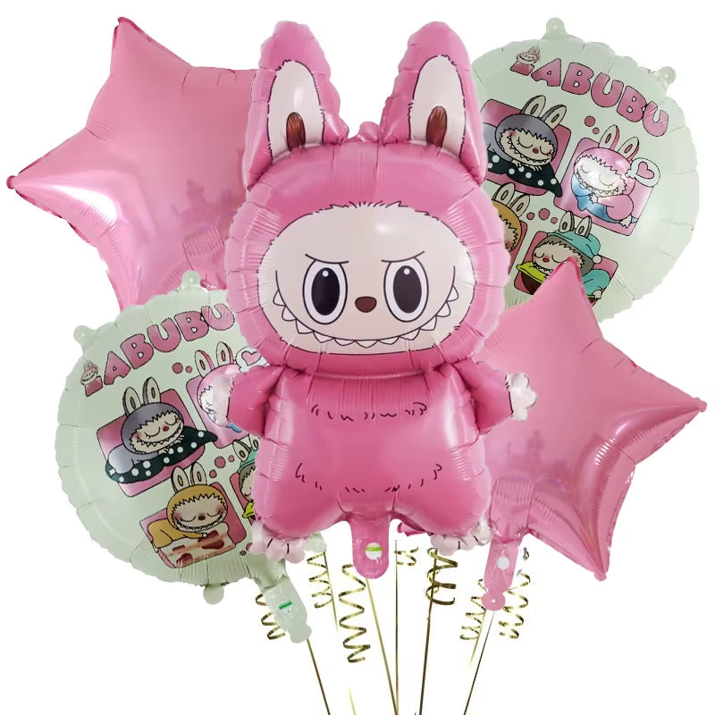 5Pcs/Set Cute Cartoon Bubble Mart Theme Foil Balloon Set Labubu Children First Birthday Party Decorations Baby Shower Air Globos