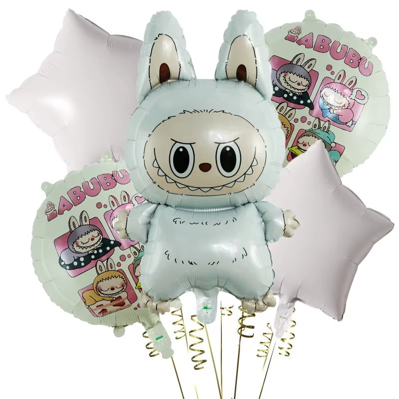 5Pcs/Set Cute Cartoon Bubble Mart Theme Foil Balloon Set Labubu Children First Birthday Party Decorations Baby Shower Air Globos