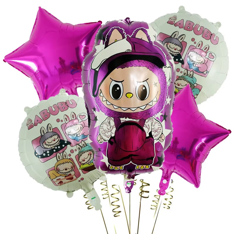 5Pcs/Set Cute Cartoon Bubble Mart Theme Foil Balloon Set Labubu Children First Birthday Party Decorations Baby Shower Air Globos