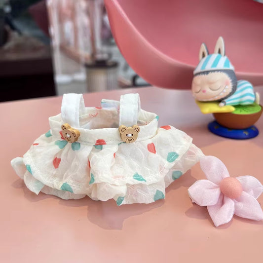 Labubu Clothes Set – Wrinkled Skirt, Flower Hairpin, and Fisherman Hat
