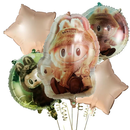 5Pcs/Set Cute Cartoon Bubble Mart Theme Foil Balloon Set Labubu Children First Birthday Party Decorations Baby Shower Air Globos
