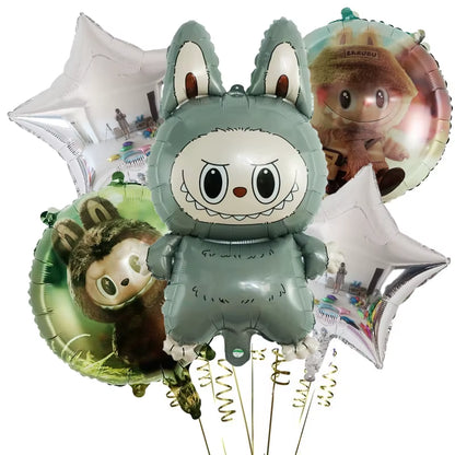 5Pcs/Set Cute Cartoon Bubble Mart Theme Foil Balloon Set Labubu Children First Birthday Party Decorations Baby Shower Air Globos